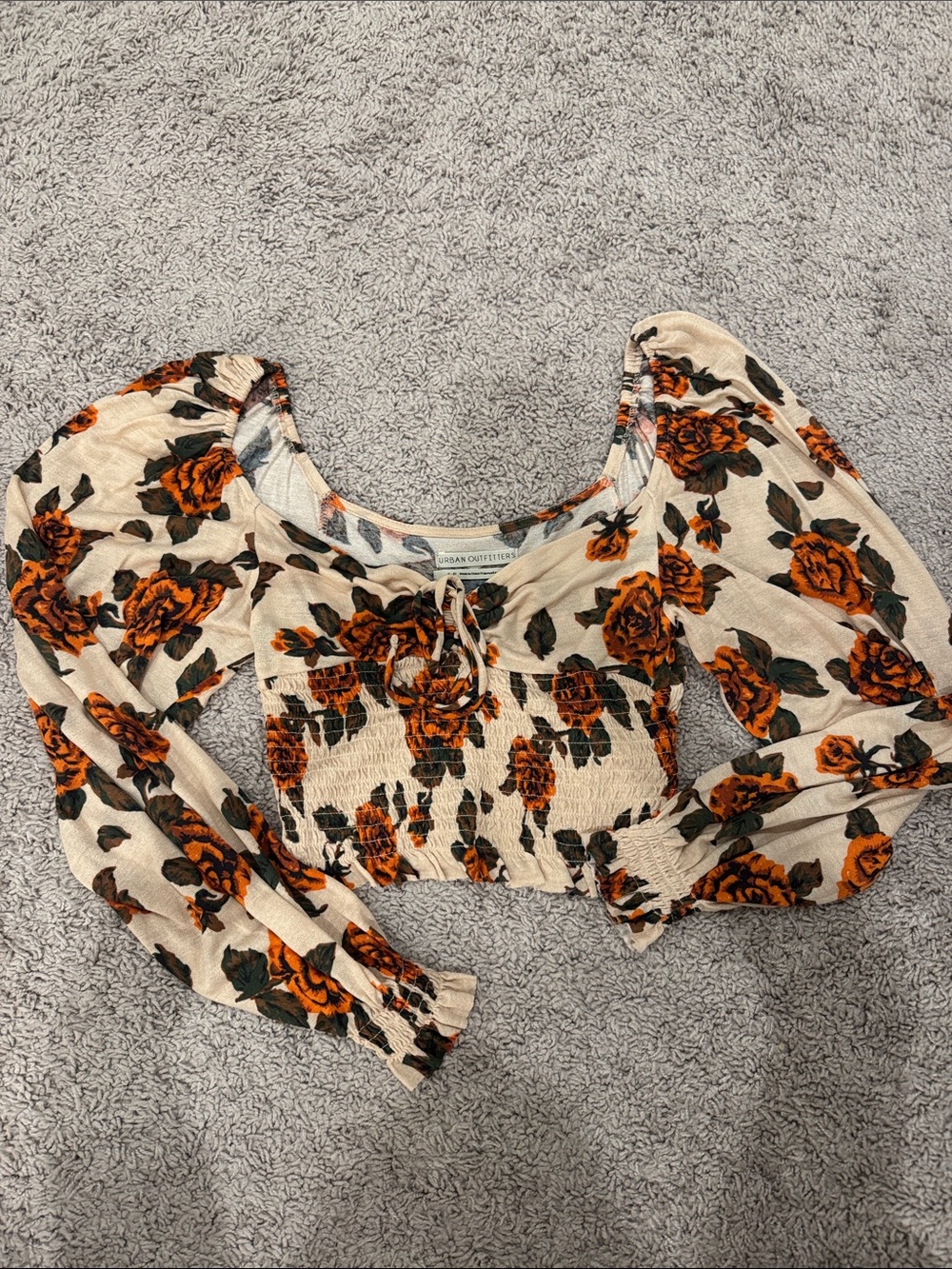 Urban Outfitters Cream Cropped Smocked Top with Orange Rose Print